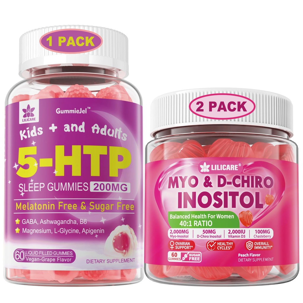 LILICARE Bundle: 5HTP Gummies with Magnesium Glycinate - Melatonin Free Sleep Gummies for Adults & Kids 8+ & Inositol Gummies Ideal 40:1 Ratio Myo & D-Chiro Inositol Συμπλήρωμα
