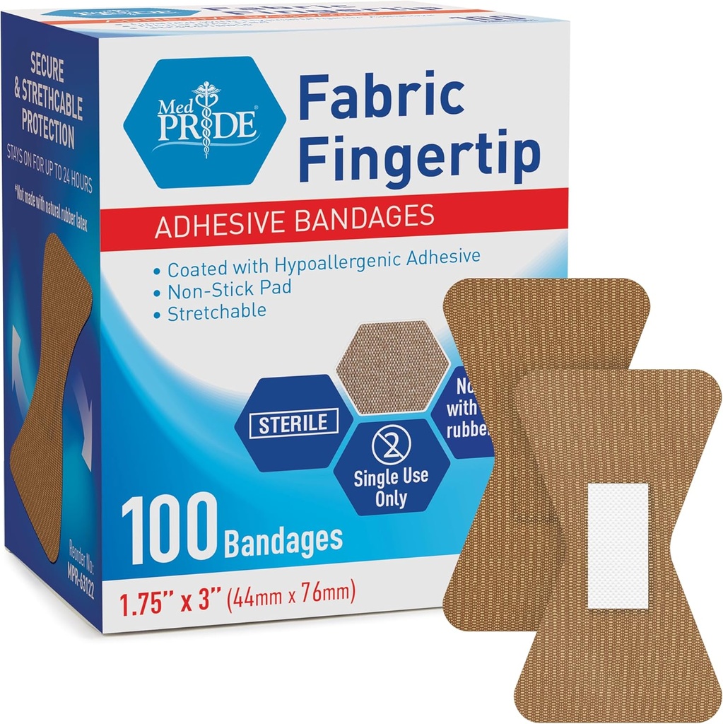MED PRIDE Sterile Fingertip Fabric Banges 1.75in X 3in Hypoallergenic Αυτοκόλλητο Latex-Free 100 Count