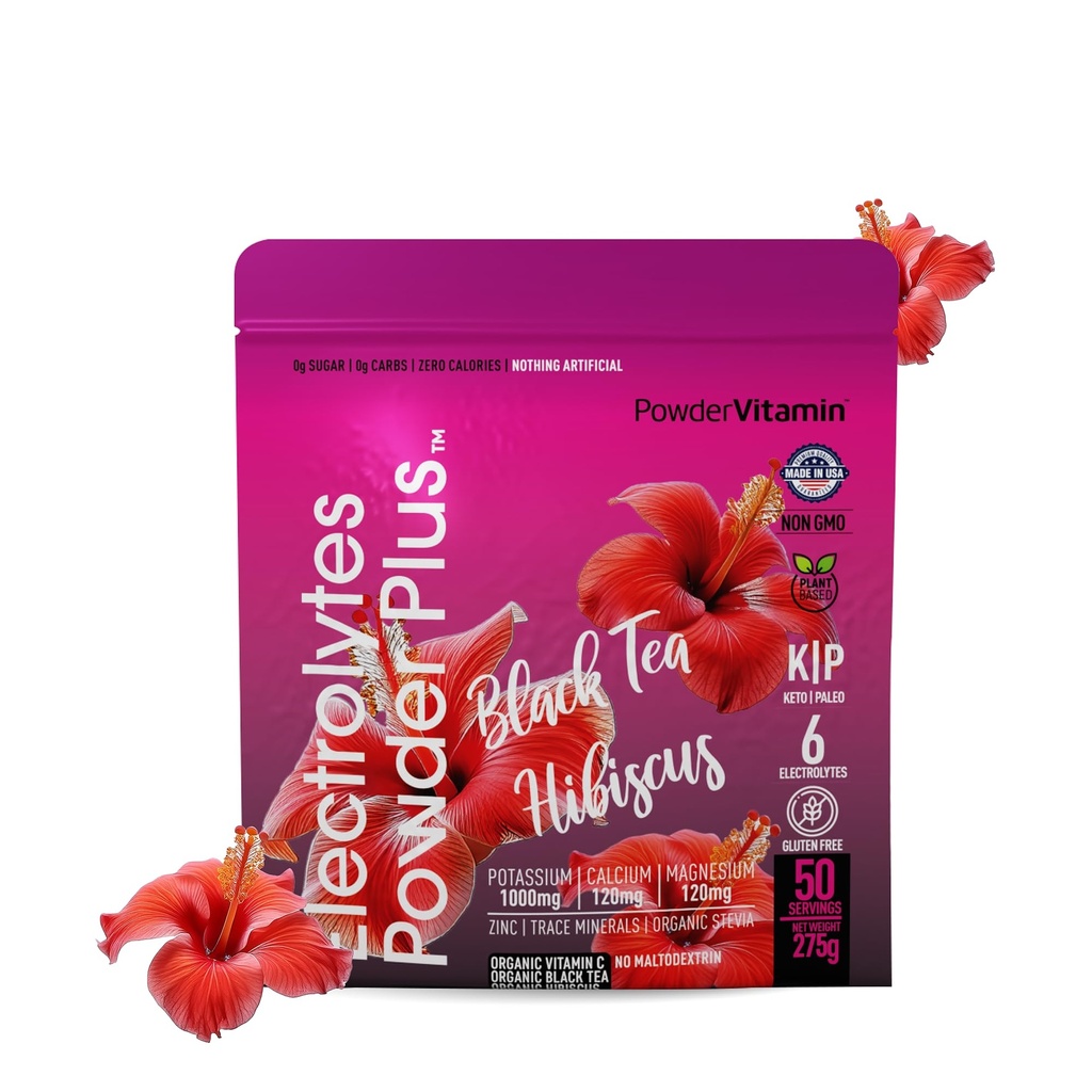 Σκόνη Vitamin Ηλεκτρολύτες σκόνη Plus (50 σερβιέτες) Μαύρο Τσάι Hibiscus Ηλεκτρολύτη σκόνη Keto, Χωρίς ζάχαρη, Pink αλάτι Ιμαλαΐων,1000mg κάλιο,120mg ασβέστιο,120mg μαγνήσιο, σκόνη ενυδάτωσης