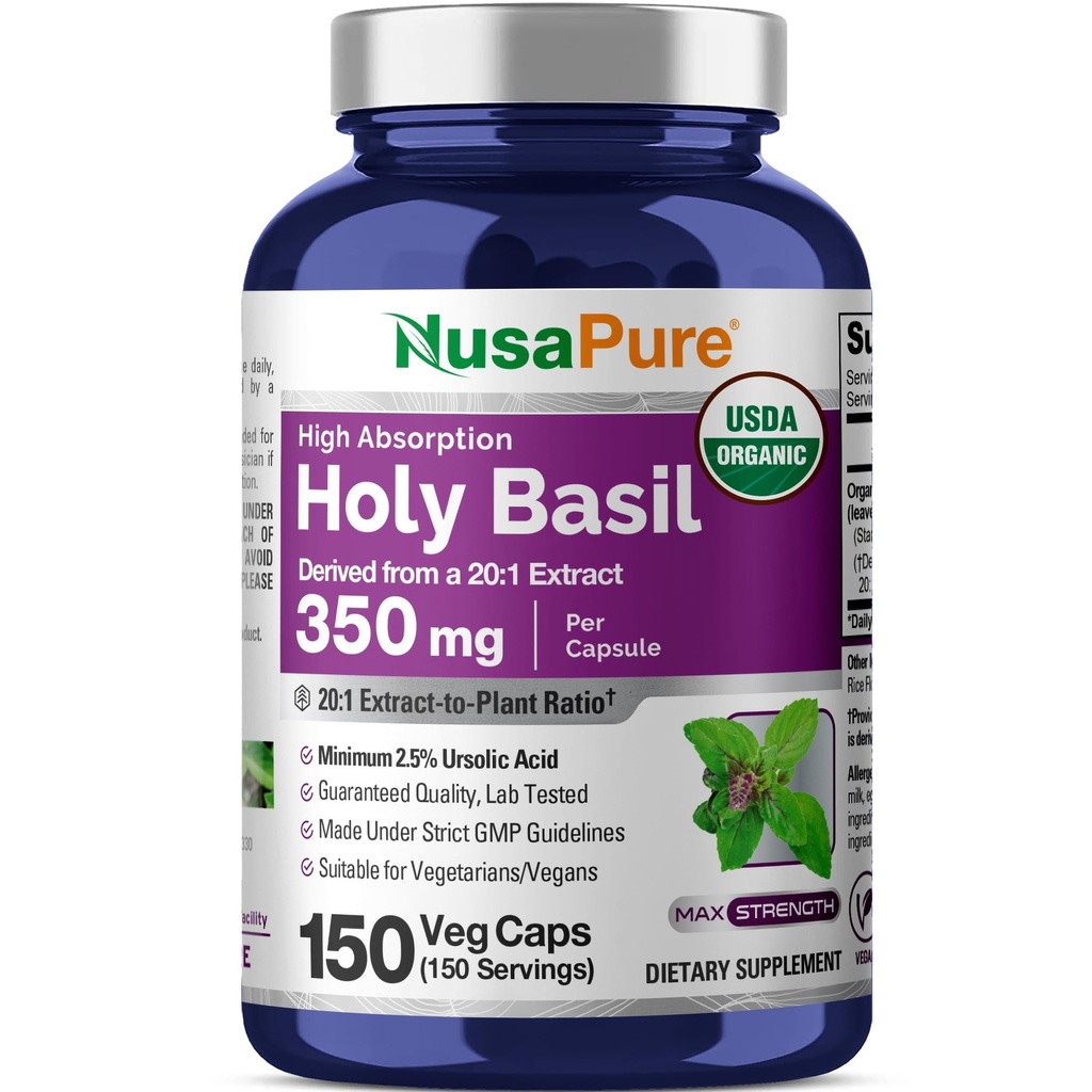 Organic Holy Basil, Non-GMO, Vegan, 350mg, 150 Veg Capsules - 150 Servings | Ocimum Sanctum Leaf 20:1 Extract, Tulsi, USDA Organic, Herbal Formula, Suitable for Adults, Manufactured in cGMP Facility USA