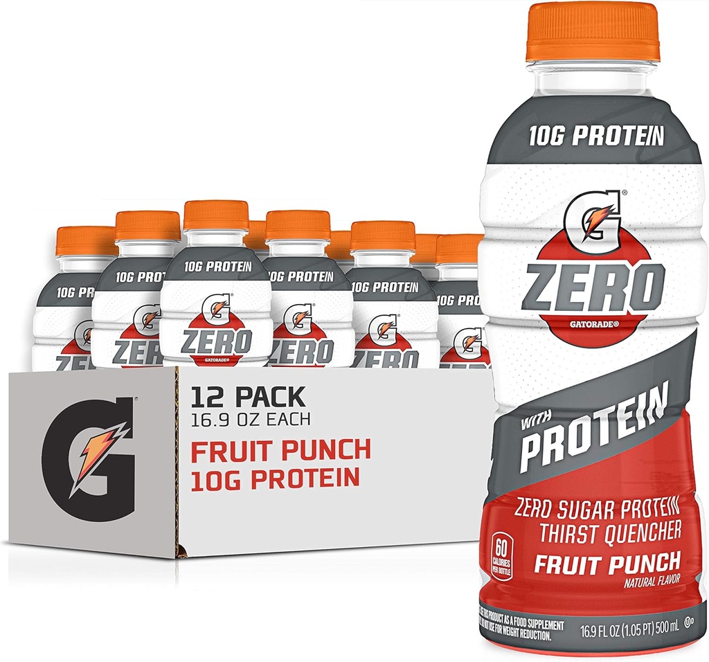 Gatorade Zero με πρωτεΐνη, 10g Whey Protein Isolate, Zero Sugar, Ηλεκτρολύτες, Punch φρούτων, 16.9 Fl Oz, 12 Pack