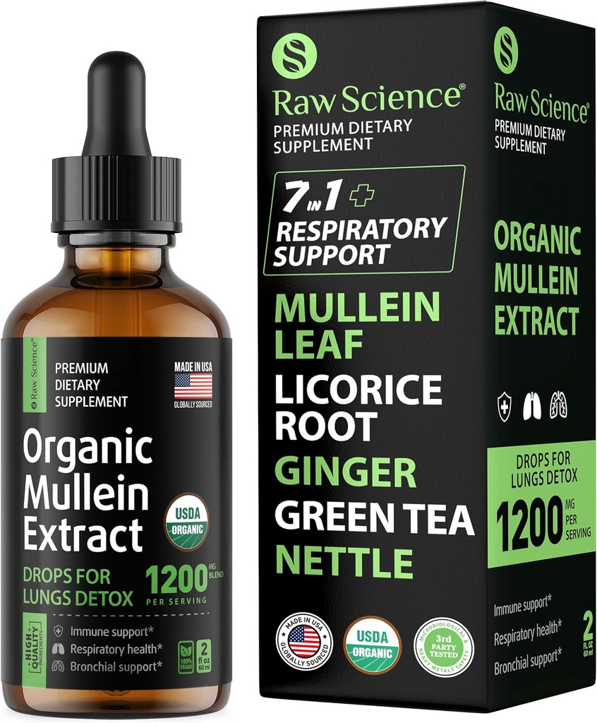 Organic Mullein Drops for Lungs - Αναπνευστική Υποστήριξη & Ανακούφιση Mucus - Lung Detox for Smokers: Mullein Leaf Extract, Licorice, Ginger, Oregano & Nettle Leaf, Thyme - Lung Cleanse Herbal Extract, 2oz