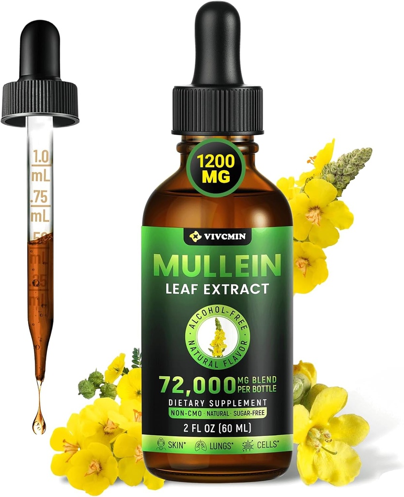 Mullein Drops for Lungs, 3-in-1 Mullein Leaf Extract for Lungs Health, φυτικό συμπλήρωμα υποστήριξης για την υγεία του αναπνευστικού πνεύμονα, υποστήριξη ανοσοποιητική & πνευστική ευεξία, ζάχαρη & αλκοόλ-ελεύθερο - 2 FL OZ