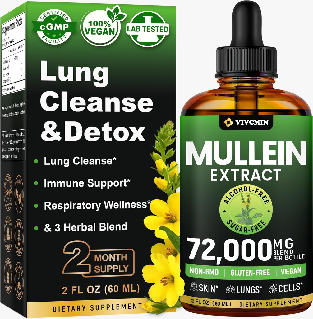 Mullein Drops for Lungs, 3-in-1 Mullein Leaf Extract for Lungs Health, φυτικό συμπλήρωμα υποστήριξης για την υγεία του αναπνευστικού πνεύμονα, υποστήριξη ανοσοποιητική & πνευστική ευεξία, ζάχαρη & αλκοόλ-ελεύθερο - 2 FL OZ