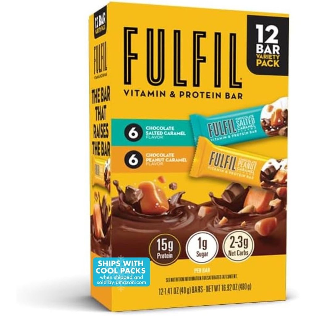 FULFIL Protein Snack Bars, 6 Σοκολάτα Φυστίκι και Caramel & 6 Σοκολάτα Αλατισμένο Caramel, 15g Πρωτεΐνη, Παντελόνι Staples, 12 Count