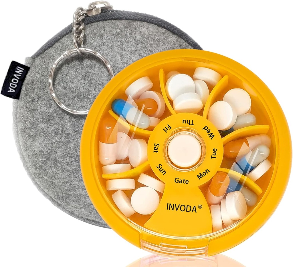 INVODA Weekly Pill Organizer 7 Διαμέρισμα Περιστρεφόμενο Χάπια Κουτί για Καθημερινή Φάρμακα & Βιταμίνες - Portable Travel Pill περίπτωση Fish Oil Συμπληρώματα Βιταμίνες Organizer (Orange+Bag)