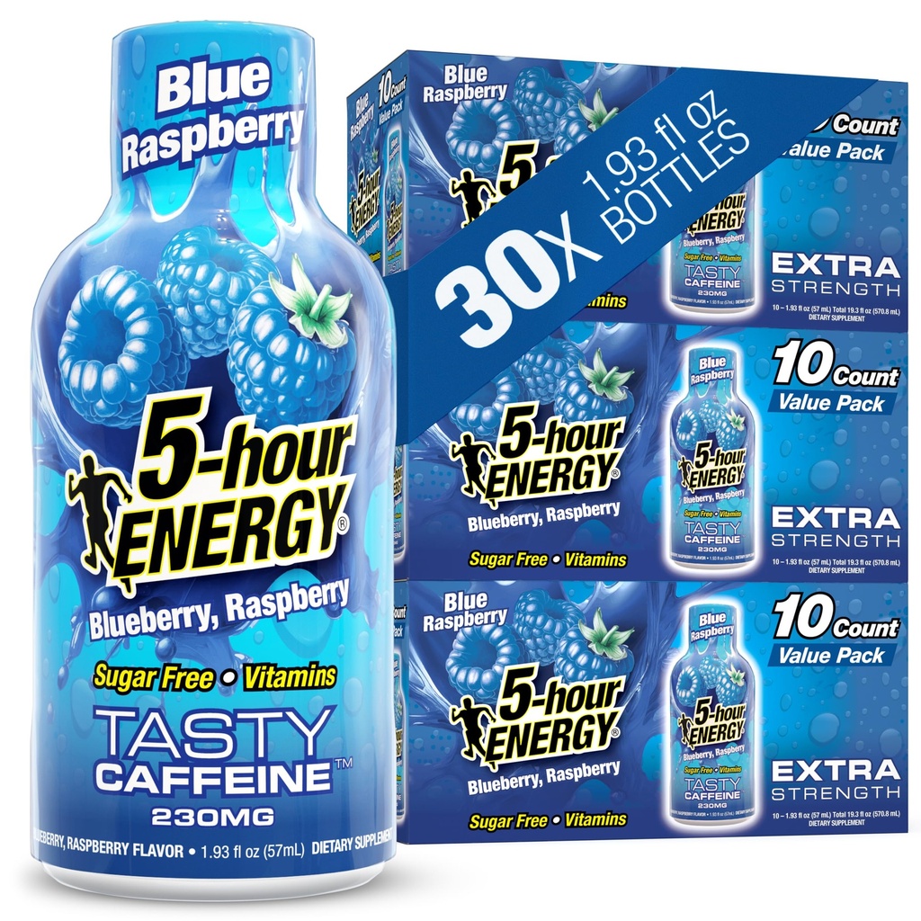 5 ώρες ΕΝΕΡΓΕΙΑ βολές Extra Strength, Blue Raspberry Flavor, 30 Count, 1.93 Fl Oz, Sugar Free, Zero Calories, Amino Acids και Essential B Vitamins, Συμπλήρωμα διατροφής, Feel Alert και Energized, 230 mg καφεΐνη
