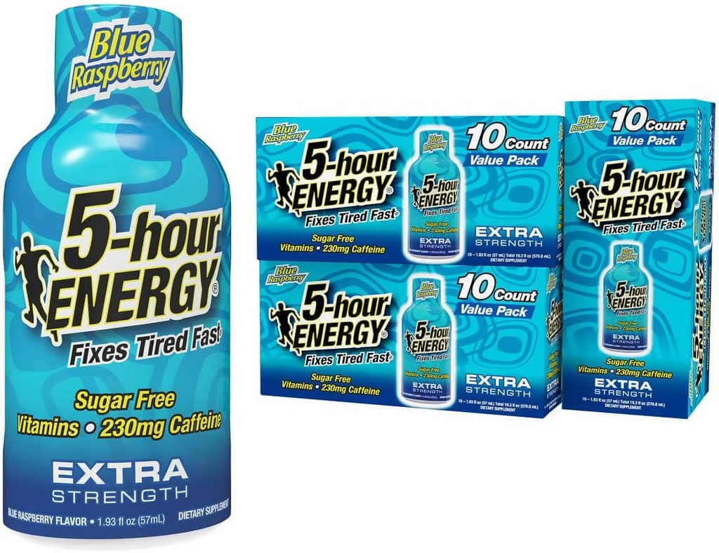 5 ώρες ΕΝΕΡΓΕΙΑ βολές Extra Strength, Blue Raspberry Flavor, 30 Count, 1.93 Fl Oz, Sugar Free, Zero Calories, Amino Acids και Essential B Vitamins, Συμπλήρωμα διατροφής, Feel Alert και Energized, 230 mg καφεΐνη