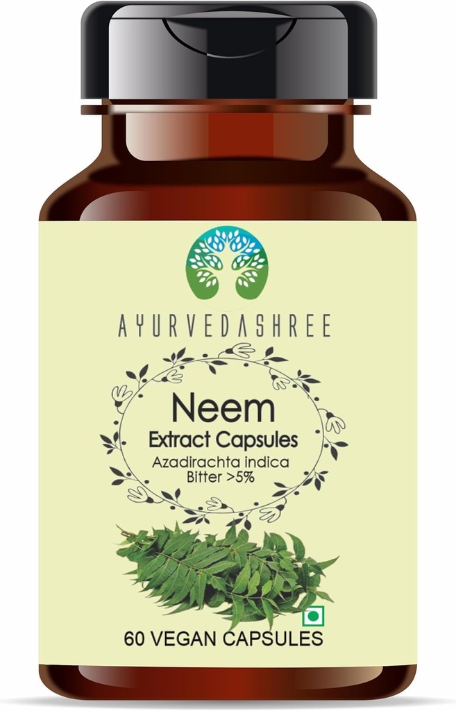 AYURVEDASHREE Neem Extract 500mg - 60 Vegetarian Capsules | Azadirachta Indica | All Natural | 100% Vegan | Gluten-Free.