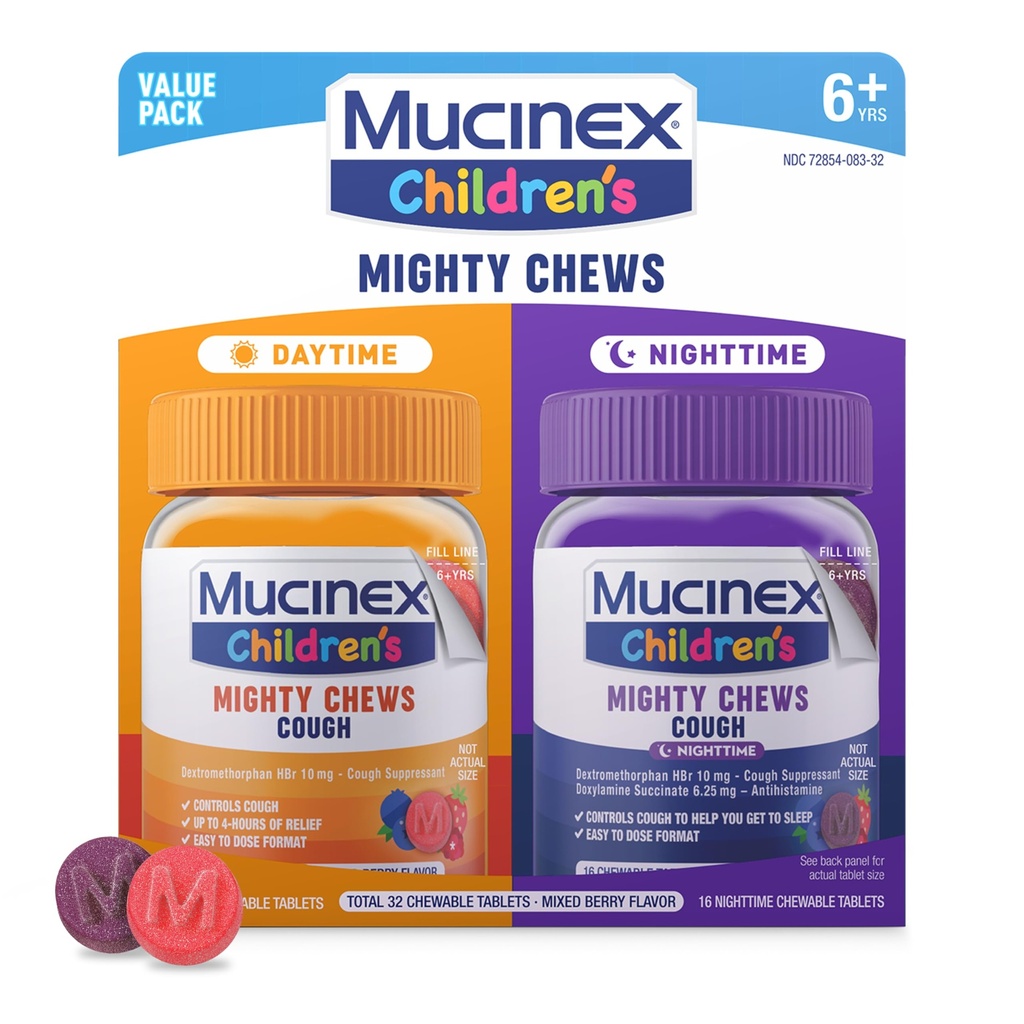 Mucinex παιδιά δυνατά μάσημα παιδιά βήχα ιατρική ημέρα και νύχτα αξία πακέτο, εύκολο στη δόση βήχα καταπιεστικό για τα παιδιά με Dextromethorphan, μικτή γεύση μούρων, 32 φάρμακα μασώμενα δισκία