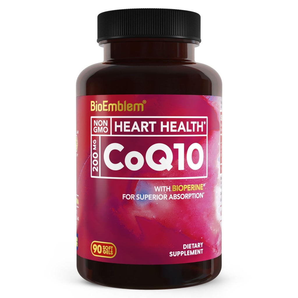 BioEmblem CoQ10 with BioPerine - 200mg Softgels, High Absorption - Coenzyme Q10 Antioxidant for Energy Production, Heart Health - Natural Form, Non-GMO CoQ10 Supplement - 90 Count