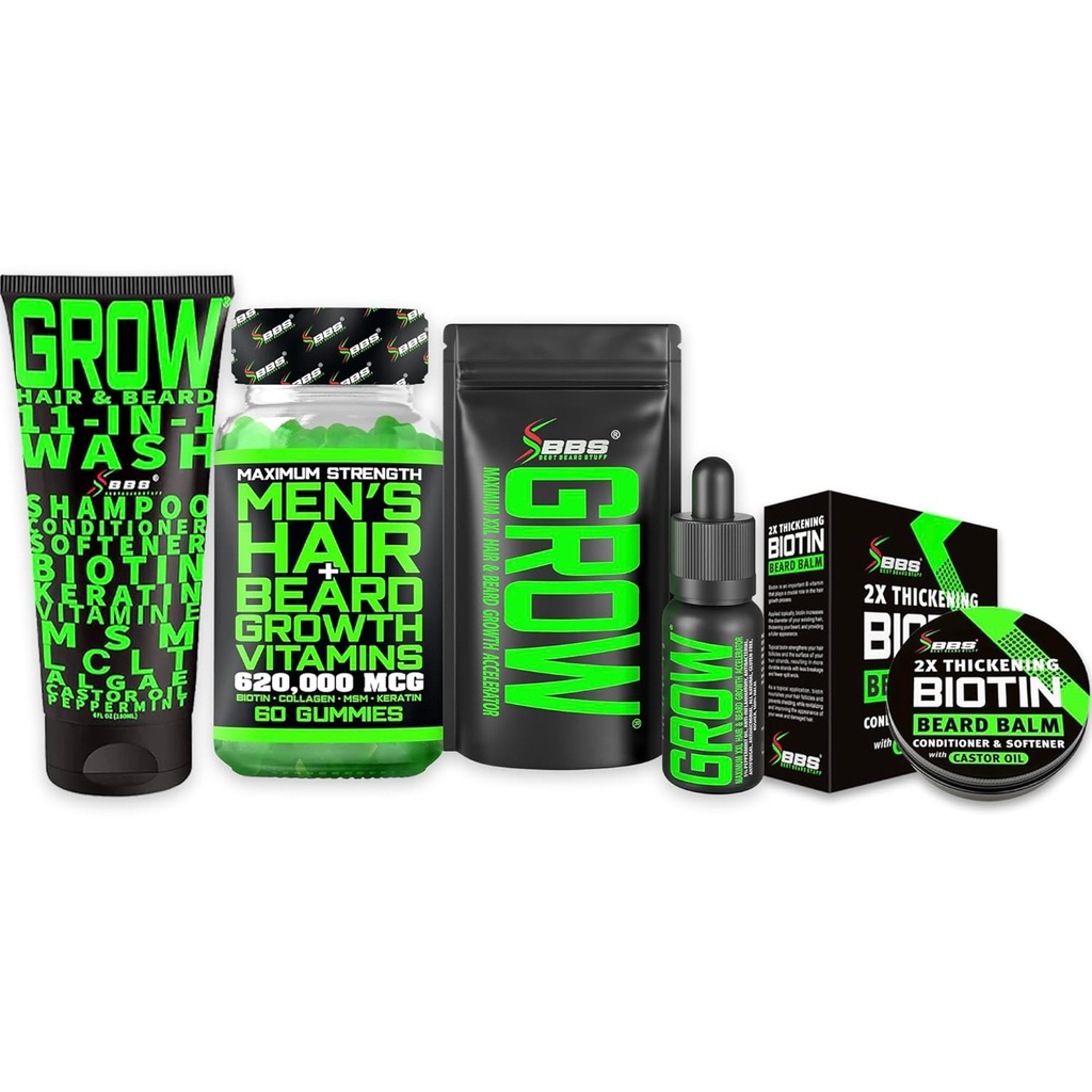 Beard Growth Kit w/Biotin Βιταμίνες ανάπτυξης μαλλιών + GROW 11-σε-1 Σαμπουάν ανάπτυξης μαλλιών w/Biotin + 2X Πάχος κερί μουστάκι για τους άνδρες + GROW Gard Growth Oil για τους άνδρες - Formulated in America