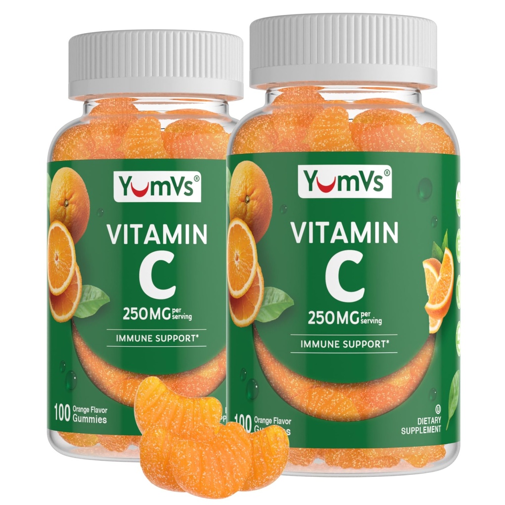 YumVs Vitamin C Gummies for Adults - 250 mg Orange Flavored Vitamin C Gummy - Βιταμίνη C Chewable Ανοσοποιήσιμες Gummies for Adults - Συμπλήρωμα Ανοσολογικής Υποστήριξης - Kosher, Hanal, Χωρίς Γλουτένη (200 Count), 2 Pack