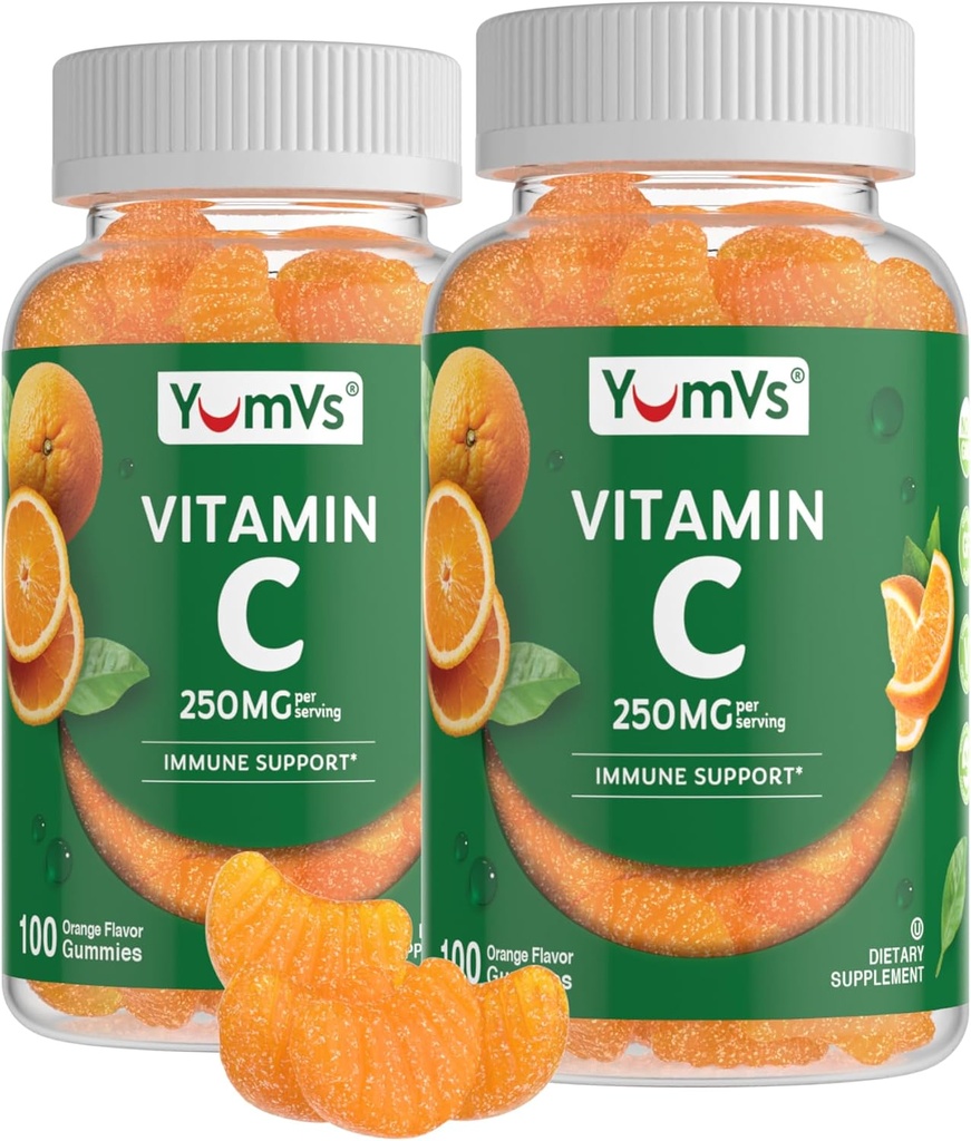 YumVs Vitamin C Gummies for Adults - 250 mg Orange Flavored Vitamin C Gummy - Βιταμίνη C Chewable Ανοσοποιήσιμες Gummies for Adults - Συμπλήρωμα Ανοσολογικής Υποστήριξης - Kosher, Hanal, Χωρίς Γλουτένη (200 Count), 2 Pack