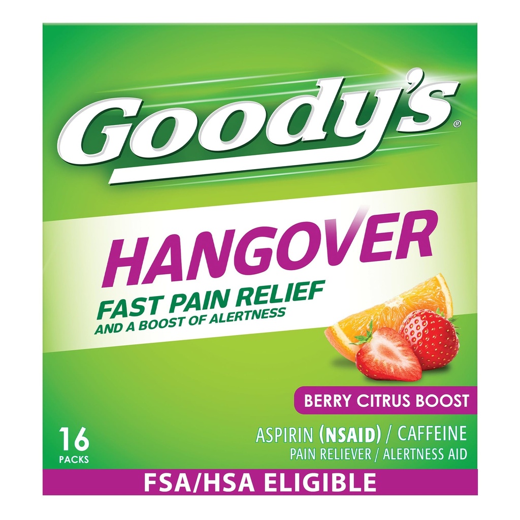 Σκόνη ανακούφισης από το Hangover του Goody, Διπλή Δράση Γρήγορος Πονοκέφαλος Ανακούφιση του πόνου με ασπιρίνη και καφεΐνη, Berry Citrus Flavor, 16 Count