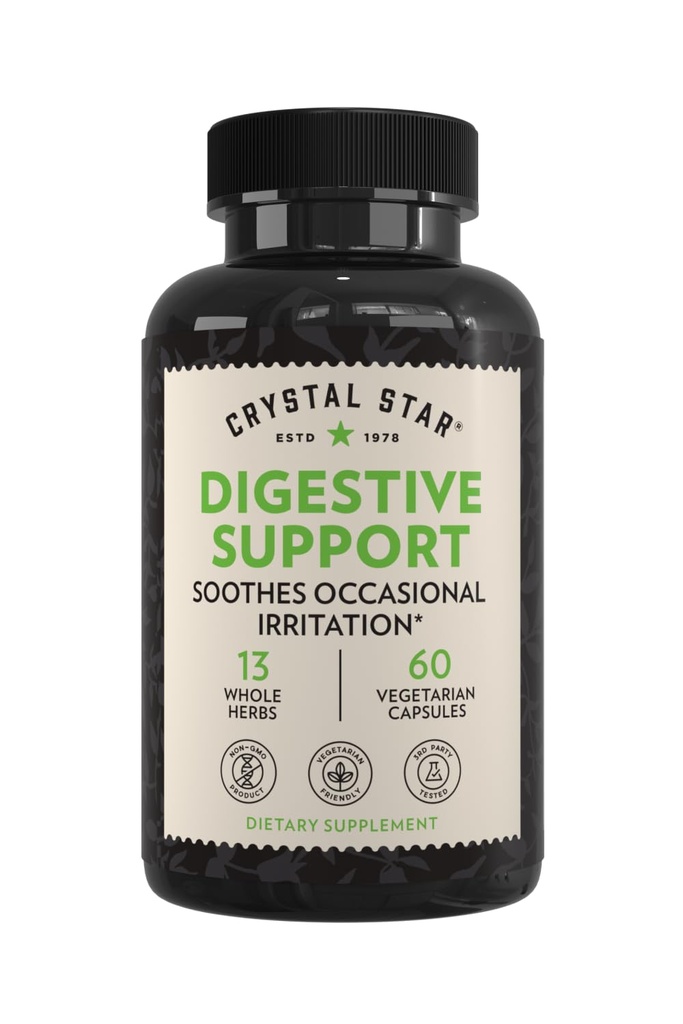 Crystal Star Digestive Support Supplement (60 κάψουλες) - βοτανικό έντερο συμπλήρωμα υγείας που βοηθά με περιστασιακό αέριο & Bloating - μέντα, Aloe Vera, Slippery Elm & Ginger – μη GMO