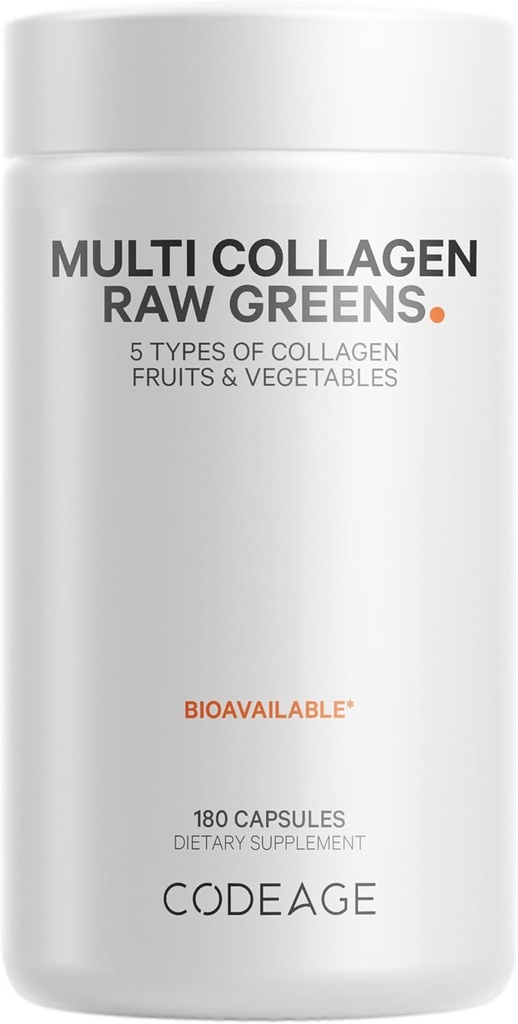 Codage Multi Collagen Protein + Βιολογικά Ακατέργαστα Πράσινα Superfood Capsules Συμπλήρωμα, 21 Φρούτα & Veggies, Grass-Fed Hydrolyzed Collagen Peptides, 5 Types All-in-One, 180 Count