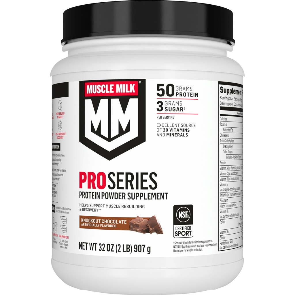 Muscle Milk Pro Series Pro Protein Powder Supplement, Knockout Chocolate,2 Λίρες,11 Σερβίρει,50g Πρωτεΐνη,3g Ζάχαρη,20 Βιταμίνες & Ορυκτά,NSF Certified for Sport,Rachout Recovery,Packaging May Vary