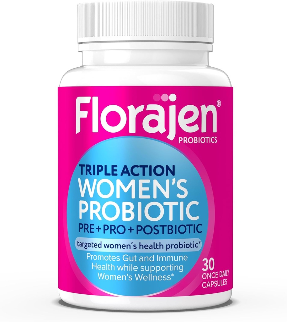 Florajen Women's Complete Triple-Action Prebiotic + Probiotic + Postbiotic for Digestive & Immune Support - Fast-Acting Relief from Constipation & Bloating - Gluten-Free - Vegan - Non-GMO - 30-Count