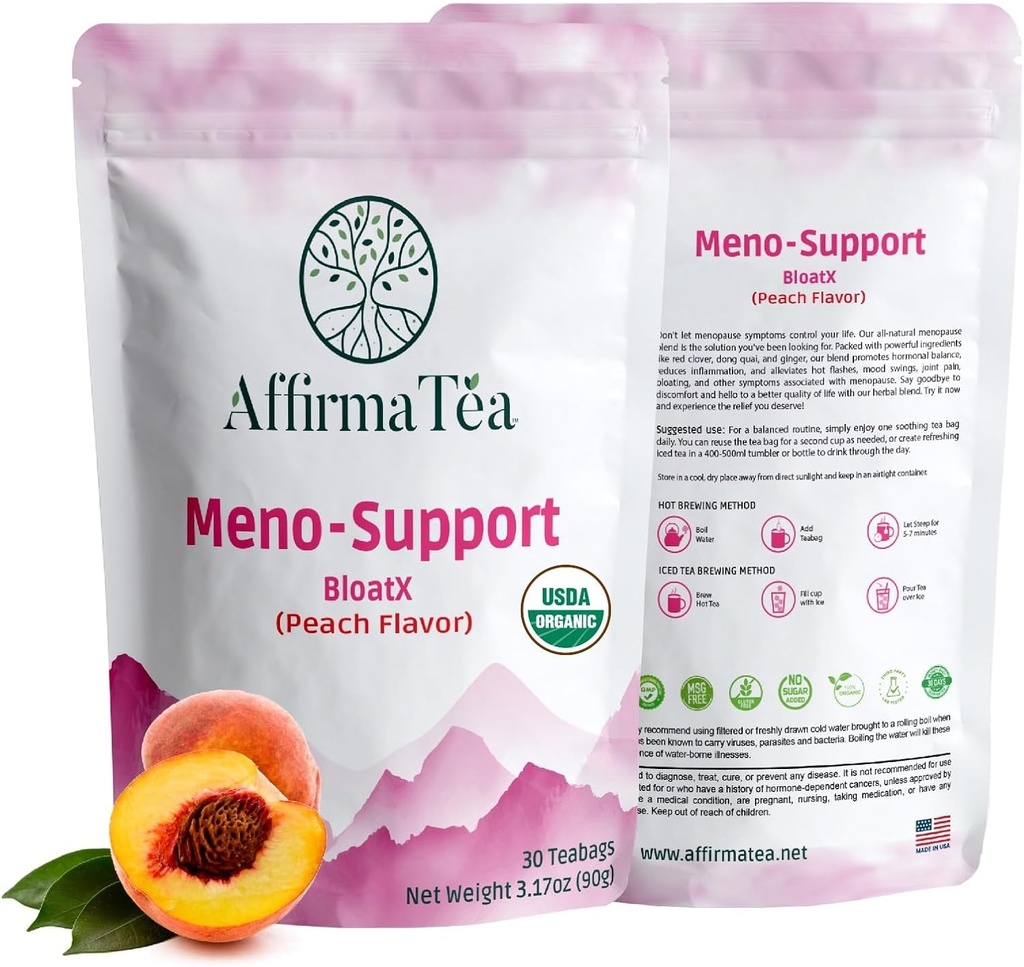 Meno-Support BloatX Organic Εμμηνόπαυση Ανακούφιση: Ισορροπίες & Υποστηρίζει Hot Flashes, Ορμόνες, Moods Swings, Νυχτερινές Ιδρώσεις, & Bloating W/Black Cohosh, Red Clover & Dong Quai. Φυσικό άρωμα Peachάκινου.