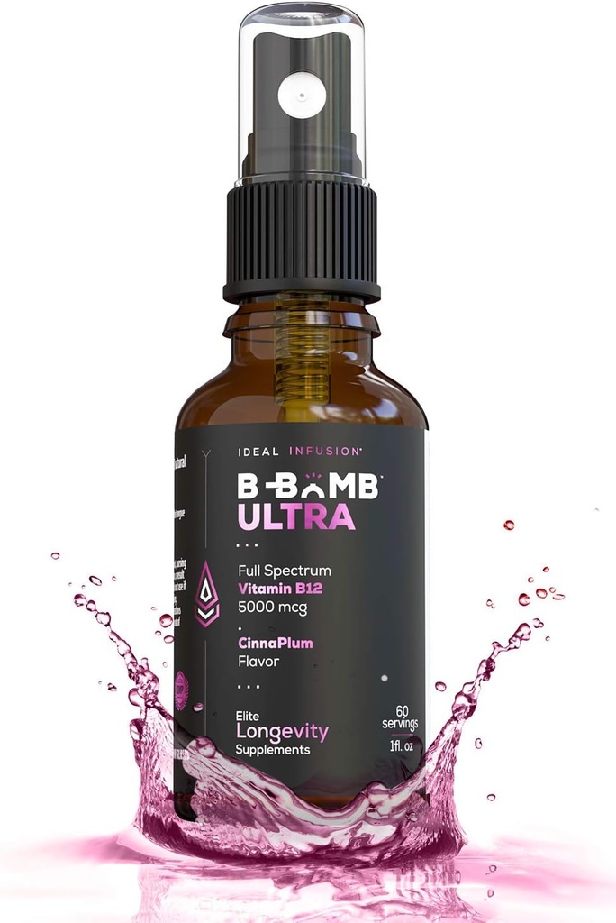 Ιδανική έγχυση B-Bomb Triple B12 Vitamin Liquid Spray: Methylcobalamin, Adenosylcobalamin, Hydroxocobalamin - Nerve Health and Energy Booster- 5000 mcg, Keto, Χωρίς ζάχαρη (Organic CinnaPlum)