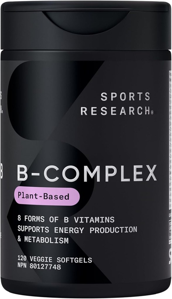 Sports Research® Vitamin B-Complex - Full Spectrum των βιταμινών Β με μεθυλιωμένο B12 & Folate - Χωρίς γλουτένη · Plant-based · Non-GMO · Vegan-Friendly Formula - 120 Veggie Softgels