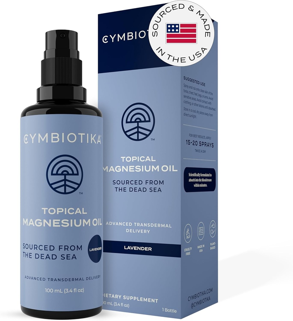 CYMBIOTIKA Topical Magnesium Oil Spray for Body, USA Made, Supplement for Leg Cramps, Muscle, Joint Health & Sleep Support, Περιλαμβάνει Χλωριούχο μαγνήσιο, εκχύλισμα λεβάντας, Aloe Vera - Applicator δέρματος