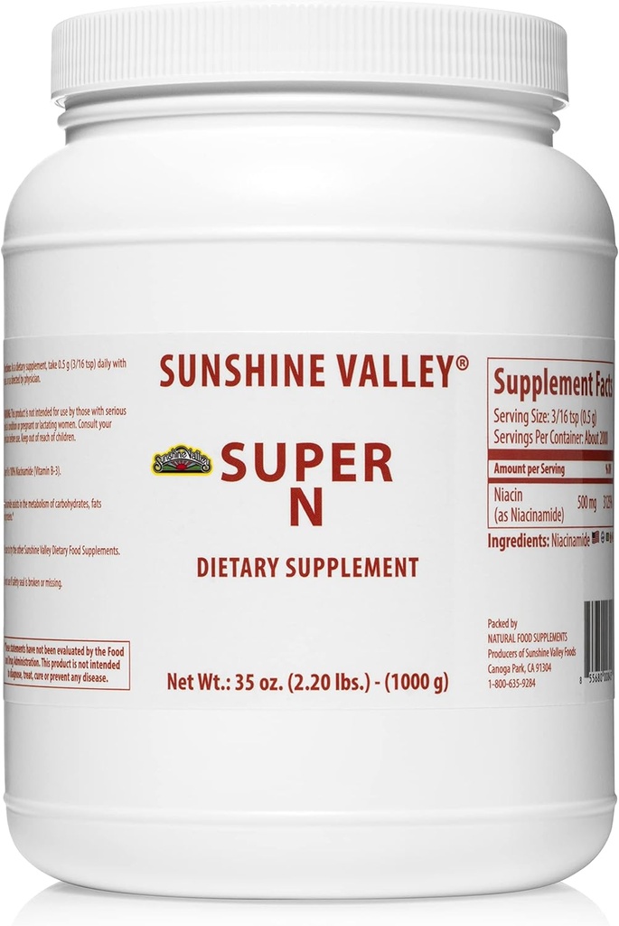 Sunshine Valley® Super N Niacinamide Powder (35 oz) - Νιασίνη Βιταμίνη Β3 Συμπλήρωμα διατροφής για την ενέργεια, την πέψη, την καταπολέμηση της γήρανσης & την υγεία του δέρματος - Φυσικό, Flush-Free
