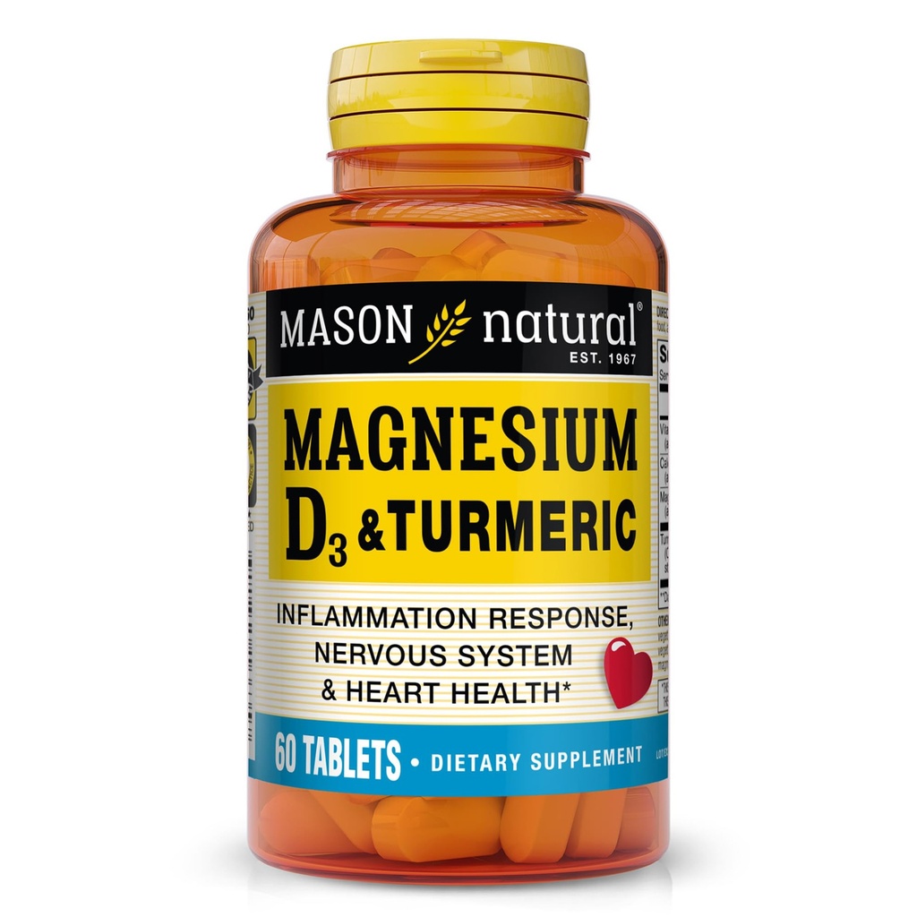MASON ΦΥΣΙΚΟ Μαγνήσιο & Βιταμίνη D3 με Turmeric, 60 Day Supply Συμπλήρωμα Διατροφής με 500 mg Μαγνήσιο, 3000 IU Βιταμίνη D3, και 150 mg Turmeric