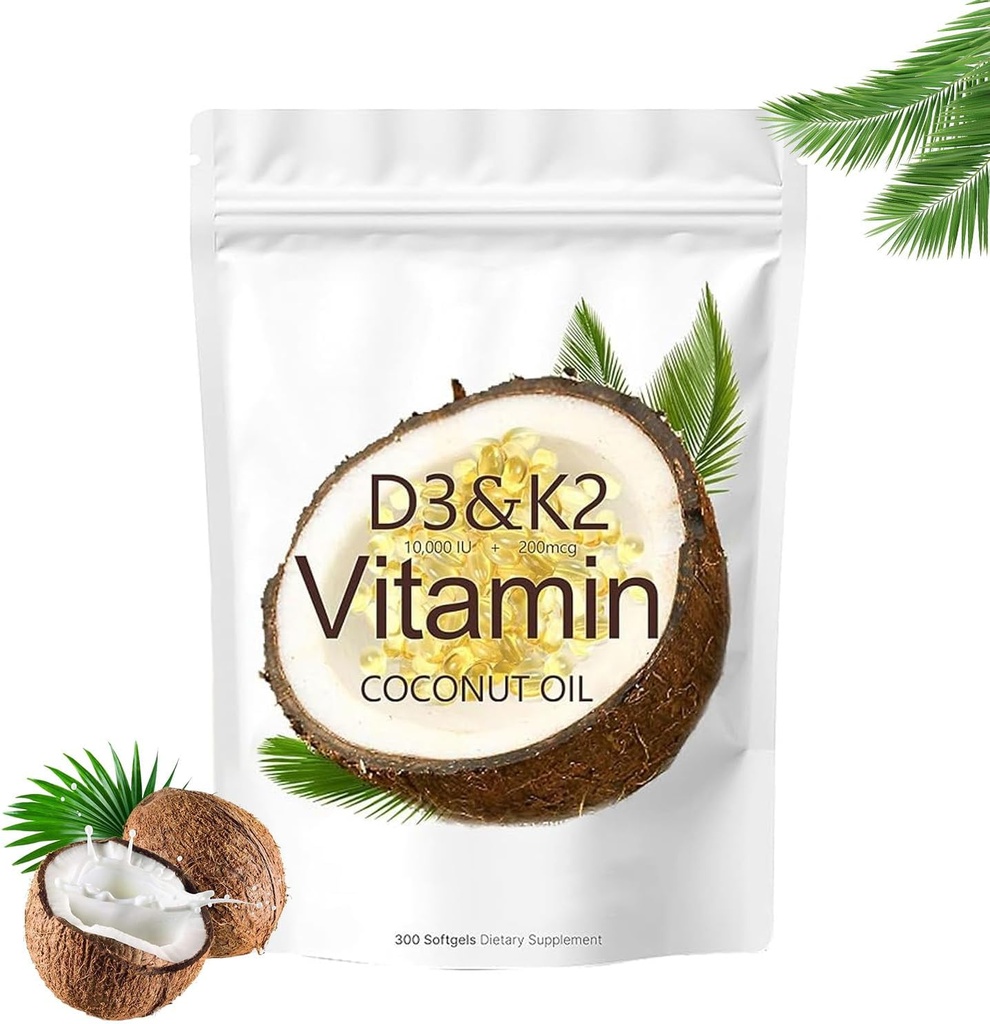 Vitamin D3 K2 Supplement Softgels, 10000 IU D3 + 200 mcg K2, Non-GMO, Gluten Free, Soy Free, 300 Count