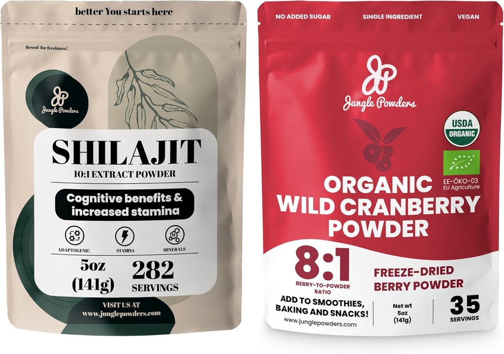 Jungle Powders Ultimate Vitality Bundle: 5oz Shilajit Powder & 5oz Organic Wild Cranberry Powder - Energy, Immune Support, Superfood Extracts for Baking, Smoothies, USDA Certified