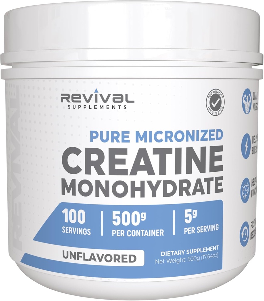 Revival Premium Micronized Creatine Monohydrate - HPLC Tested 100% Pure Grade - 500g (100 Services) - Υποστηρίζει Lean μυϊκή ανάπτυξη - Μέγιστη απορρόφηση - Χωρίς άρωμα - Made in USA & 3rd Party Lab Tested
