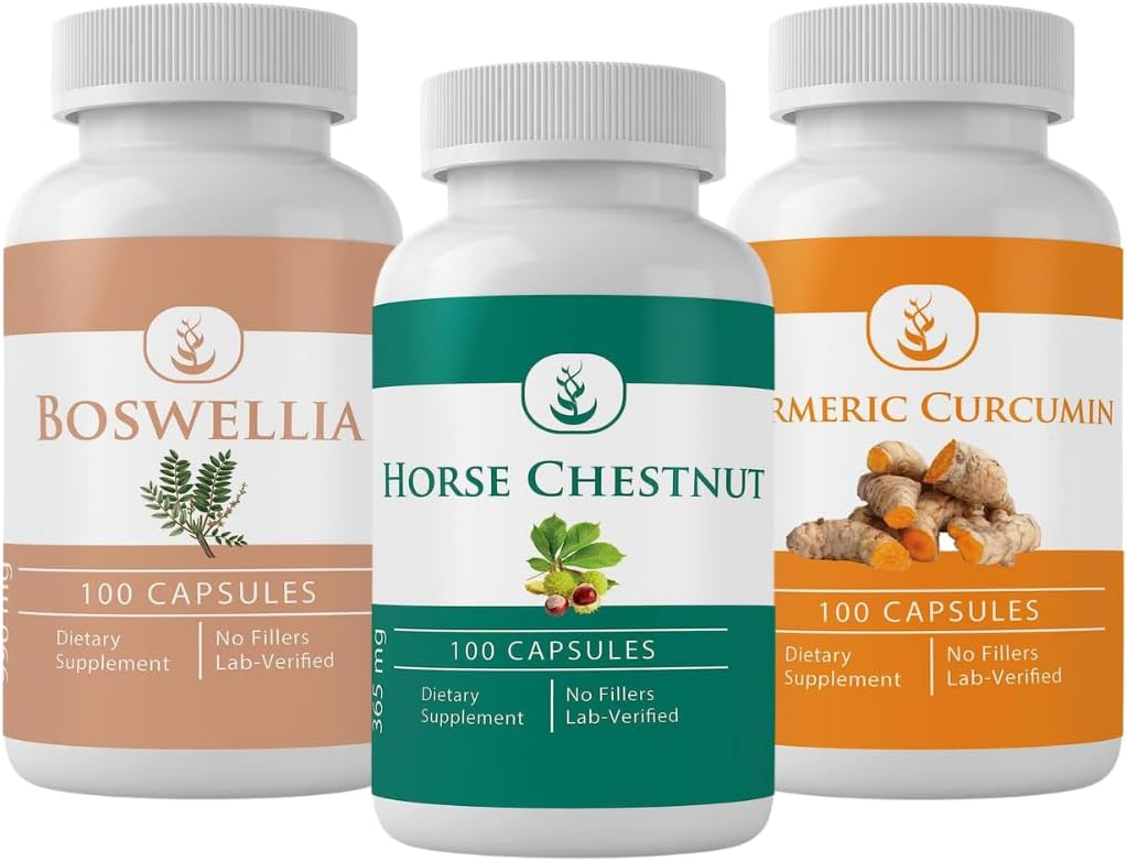 PURE ORIGINAL INGREDIENTS Horse Chestnut, Boswellia, and Turmeric Capsule Bundle, 100 Capsules Each, Always Pure, No Addittives or Fillers