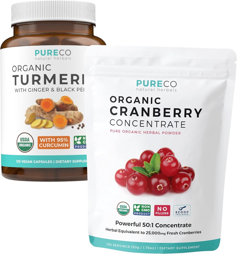 Turmeric & Cranberry Powder (3-Month Supply) Berry Turmeric Blend Bund Bund of Organic Turmeric Curcumin with Black Pepper & Ginger (120 Caps) & Organic Cranberry Concentrate Powder Extract (100 Scoop)