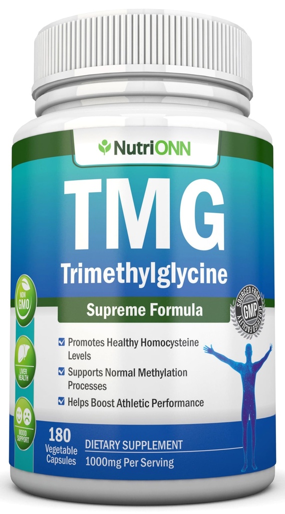 TMG Trimethylglycine Supplement - 1000mg - 180 Κάψουλες - Premium Pure Betaine Anhydrus - Υποστηρίζει κανονικά επίπεδα ομοκυστεΐνης & αρτηριακής πίεσης - Προάγει τις διαδικασίες μεθυλίωσης - Μη ΓΤΟ Formula