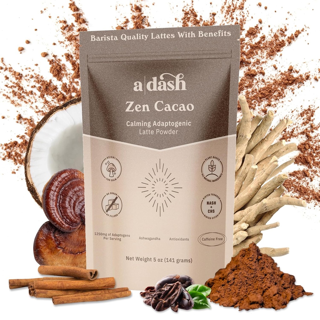 A Dash Zen Cacao Latte, Chocolate Mushroom Coffee Alternative Made with Adaptogens, Ashwagandha, & Cinnamon Root Extract, Mushroom Hot Coco with No Caffeine (20 services)