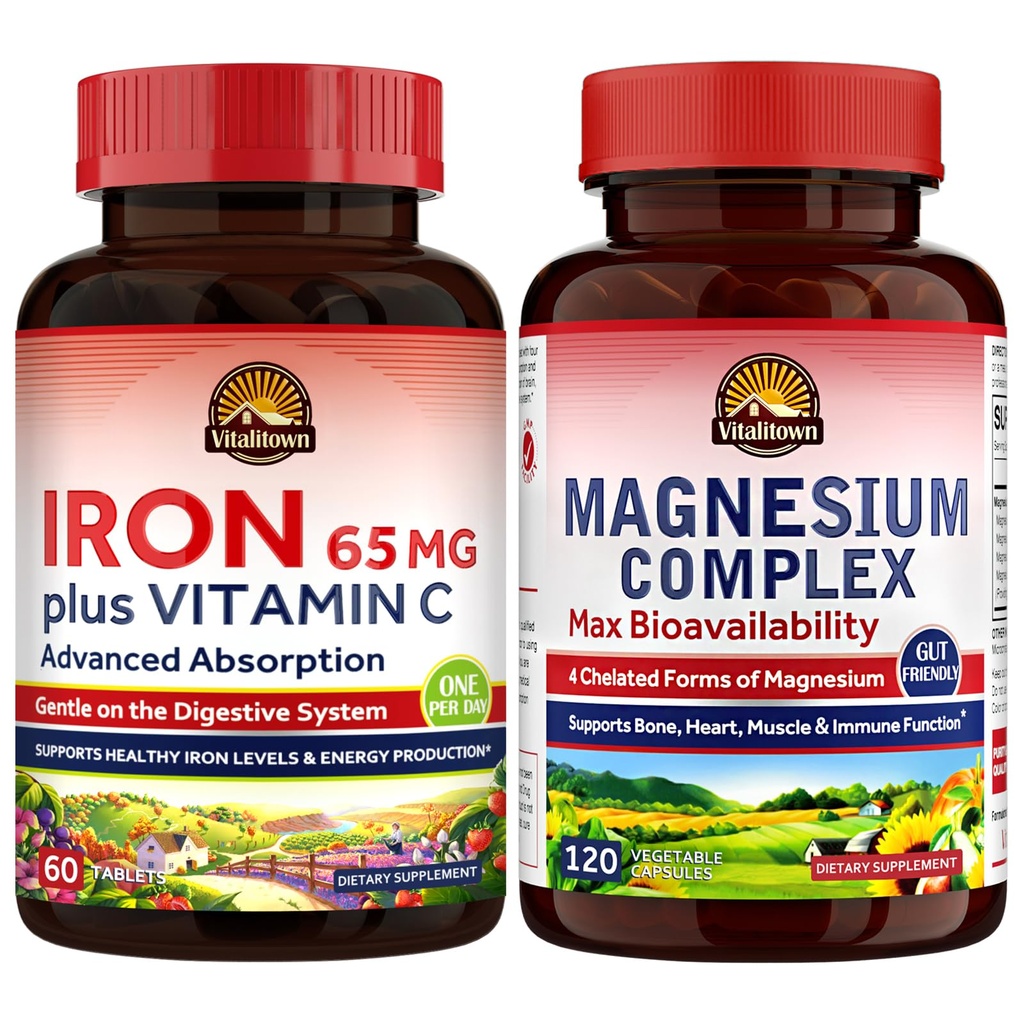 Vitalitown Magnesium Complex Supplement 500mg & 65mg Συμπλήρωμα σιδήρου για γυναίκες άνδρες, για ύπνο, μύες, κτίριο αίματος & βελτίωση της ενέργειας