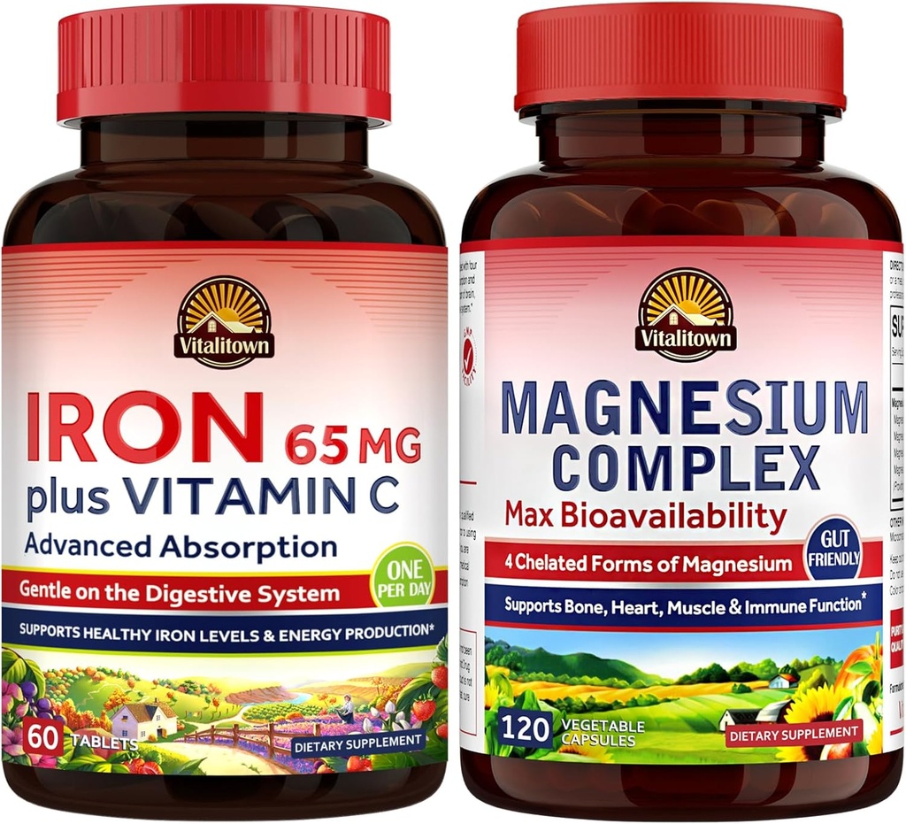 Vitalitown Magnesium Complex Supplement 500mg & 65mg Συμπλήρωμα σιδήρου για γυναίκες άνδρες, για ύπνο, μύες, κτίριο αίματος & βελτίωση της ενέργειας