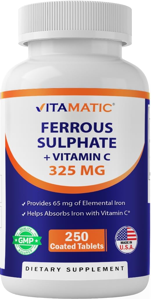 Vitamatic Ferrous Sulfate 325 mg με Βιταμίνη C 100 mg (65 mg Elemental Iron) – Συμπλήρωμα σιδήρου υψηλής ισχύος – Χωρίς Τεχνητά Χρώματα – 250 Επικαλυμμένα Δισκία, Κατασκευασμένα στις ΗΠΑ