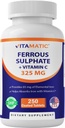 Vitamatic Ferrous Sulfate 325 mg με Βιταμίνη C 100 mg (65 mg Elemental Iron) – Συμπλήρωμα σιδήρου υψηλής ισχύος – Χωρίς Τεχνητά Χρώματα – 250 Επικαλυμμένα Δισκία, Κατασκευασμένα στις ΗΠΑ
