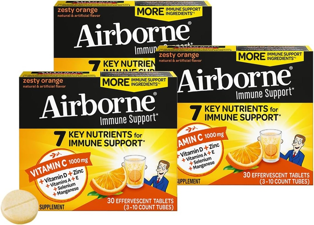 Airborne 1000mg Βιταμίνη C + Ζάχαρη ψευδαργύρου Δωρεάν πολυβιταμίνη Ανοσοποιητική Υποστήριξη Αναβράζοντα Fizzy δισκία ποτών, Zesty Πορτοκαλί Γεύση με Ισχυρές Αντιοξειδωτικές Βιταμίνες A C & E, 30 δισκία (3 Συσκευασία)
