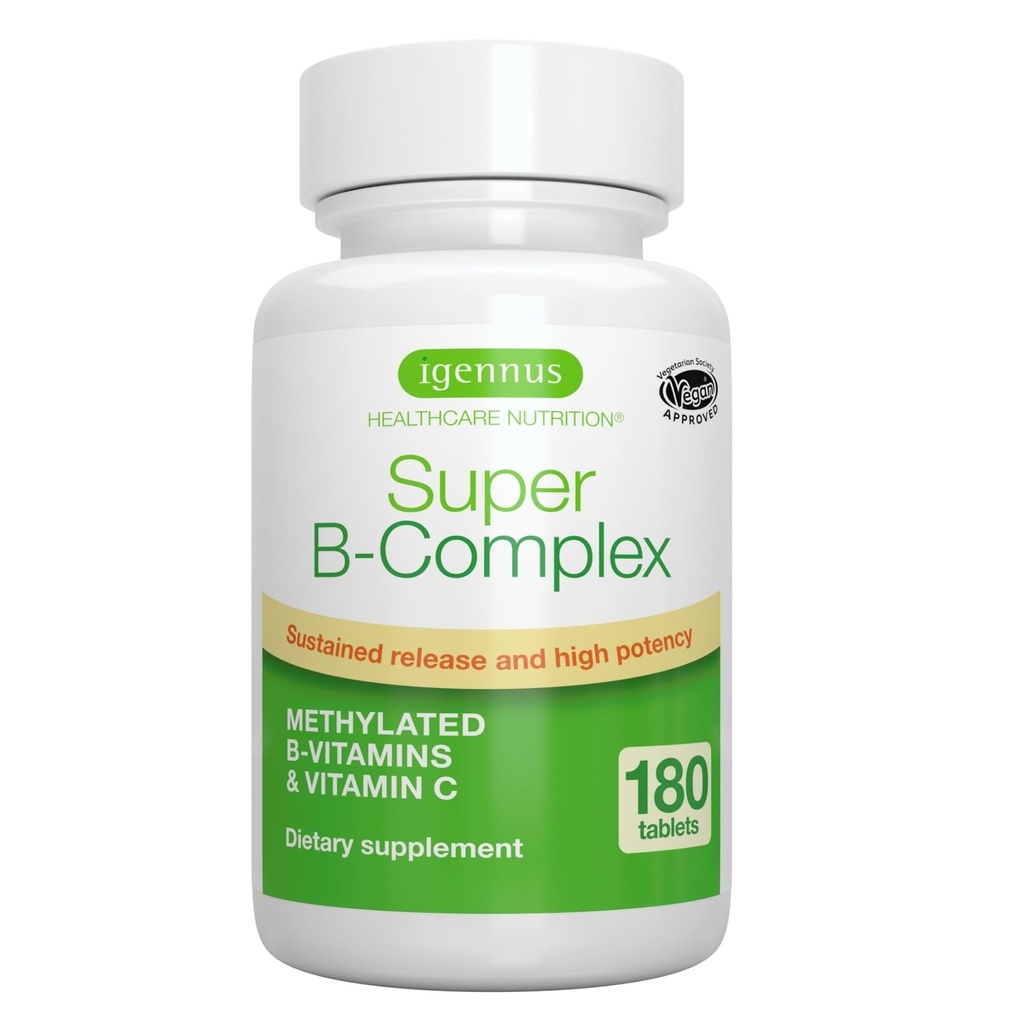 Igennus Super B-Complex μεθυλιωμένες βιταμίνες Β - Παρατεταμένη απελευθέρωση, καθαρή ετικέτα & υψηλή απορρόφηση, με 5-MTHF φολικό & μεθύλιο B12, Ενέργεια, Mood & Γνωστική απόδοση, Εργαστήριο Επαληθευμένο, 180 μικρά δισκία