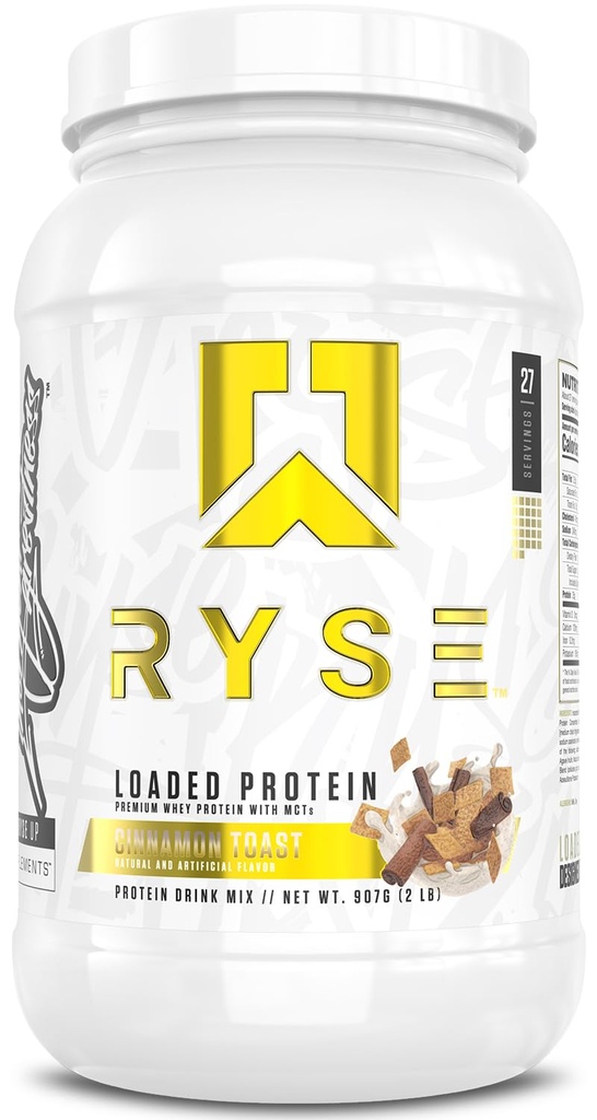 RYSE Loaded Protein Powder - Τοστ κανέλας - 25g Whey Protein Isolate & Concent with Prebiotic Fiber & MCTs - Χαμηλός υδατάνθρακες, χαμηλή ζάχαρη, Digestive-Friendly - 27 Σερβιέτες / 2 lb Tub