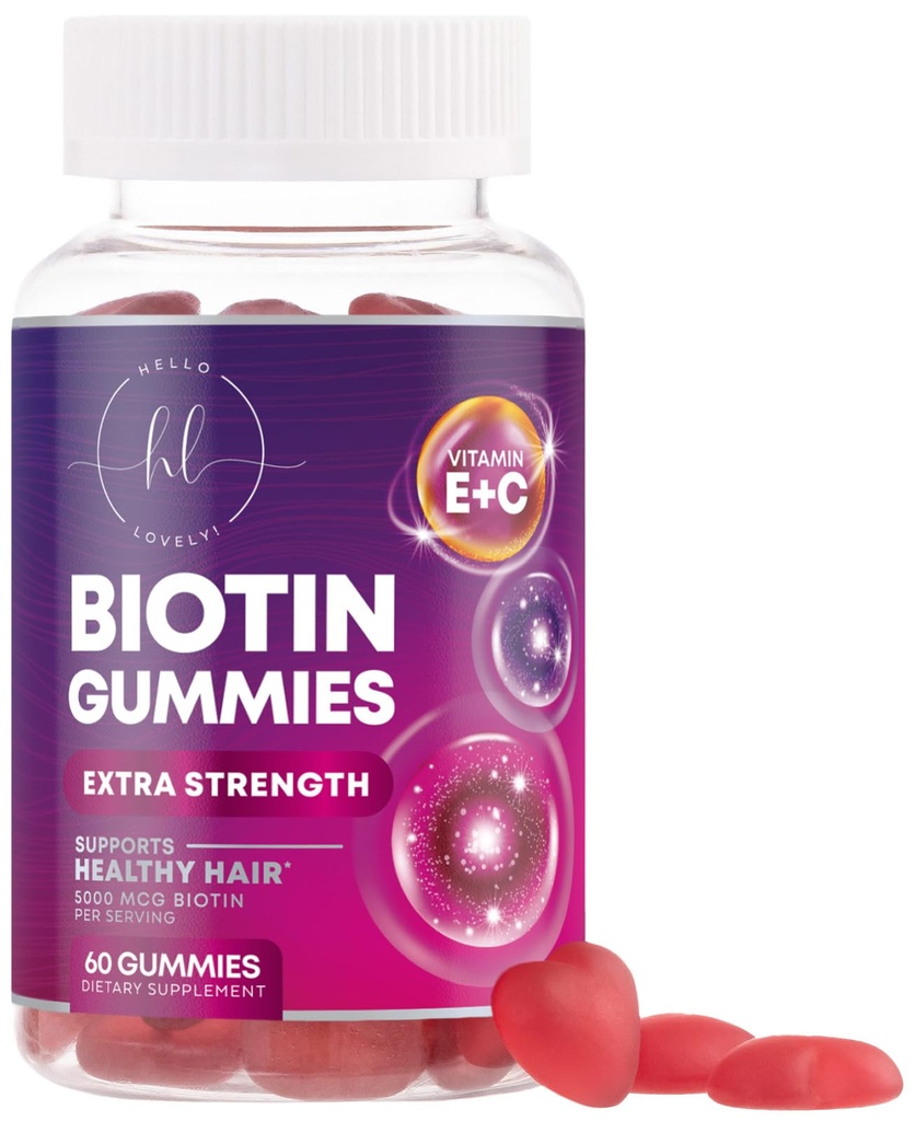Βιταμίνες μαλλιών Gummy με Biotin 5000 mcg - Hair Growth Support with Vitamins E & C for Thicker, Stronger & Beautiful Hair Skin and Nails Vitamin for Women, Non-GMO, Gluten Free - 60 Gummies