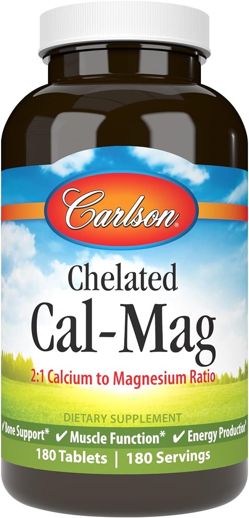 Carlson - Chelated Cal-Mag, 2:1 αναλογία ασβεστίου προς μαγνήσιο, υποστήριξη οστών, μυϊκή λειτουργία & παραγωγή ενέργειας, 180 δισκία