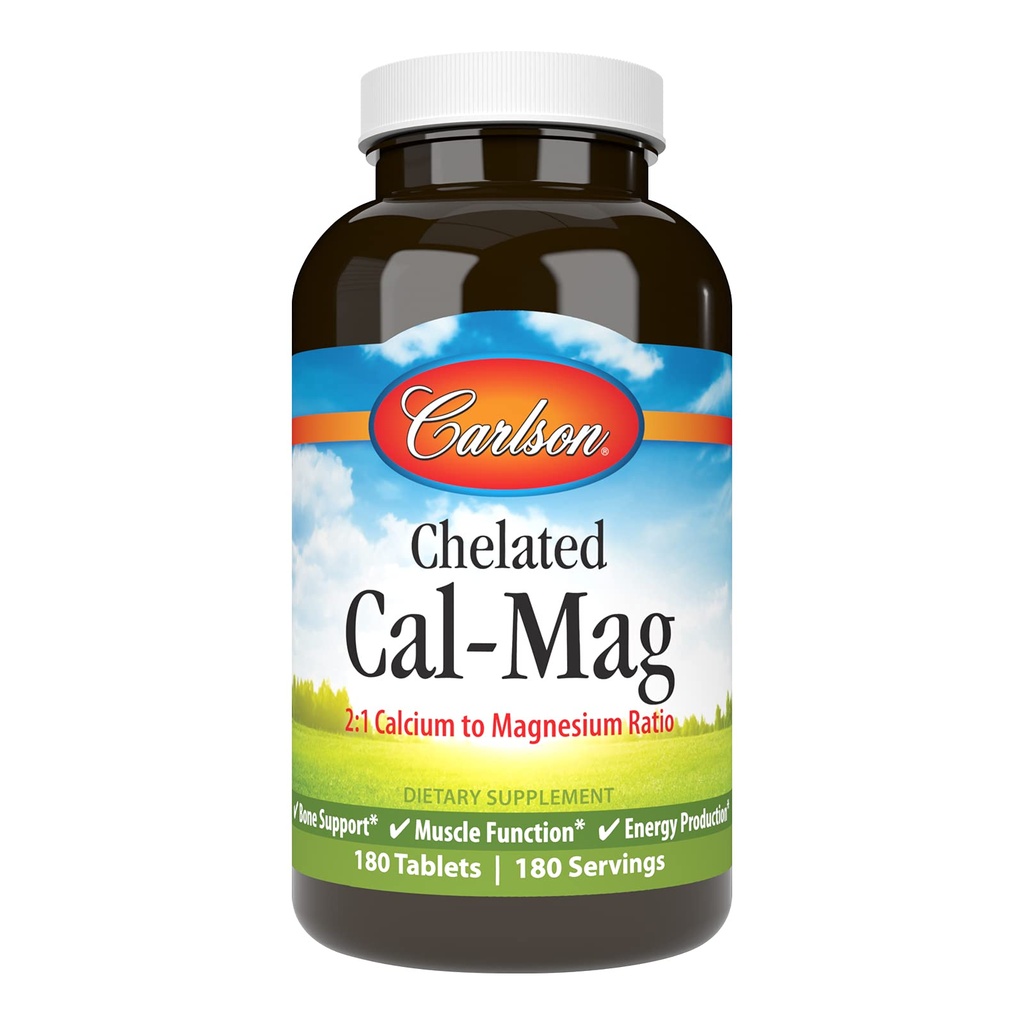 Carlson - Chelated Cal-Mag, 2:1 αναλογία ασβεστίου προς μαγνήσιο, υποστήριξη οστών, μυϊκή λειτουργία & παραγωγή ενέργειας, 180 δισκία