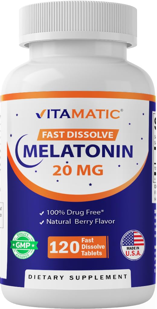 Vitamatic Melatonin 20 mg δισκία – Φυσικό άρωμα μούρου – 120 χορτοφαγικά δισκία ανά φιάλη – 6 φιάλες (σύνολο 720)