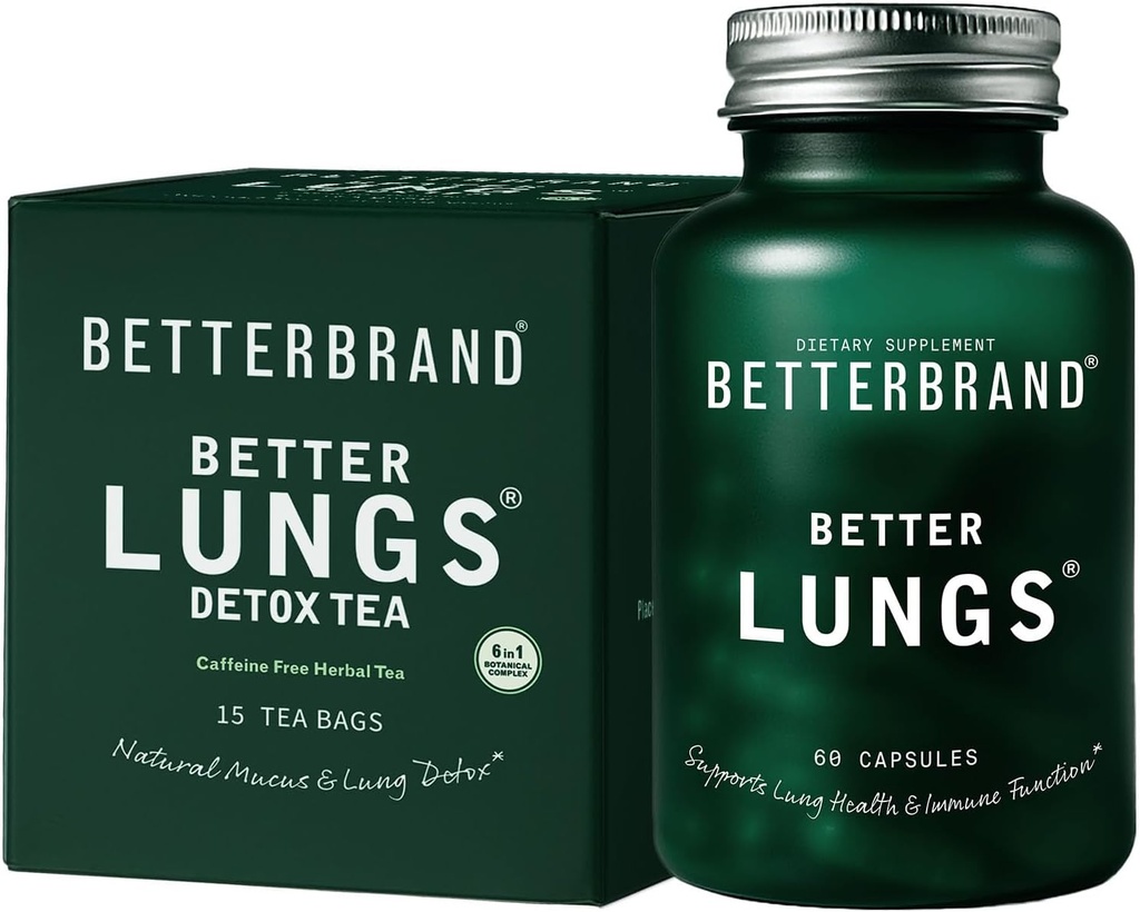 Betterbrand Better Lungs Health Pack - BetterLungs & BetterLungs Detox Tea Bundle - Ημερήσια Συμπληρώματα Αναποριστικής Υγείας - 15X Τσάι Τσάι Τσάι Τσάι Τσάι τσάντα + 60 κάψουλες