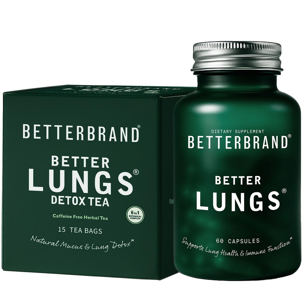Betterbrand Better Lungs Health Pack - BetterLungs & BetterLungs Detox Tea Bundle - Ημερήσια Συμπληρώματα Αναποριστικής Υγείας - 15X Τσάι Τσάι Τσάι Τσάι Τσάι τσάντα + 60 κάψουλες