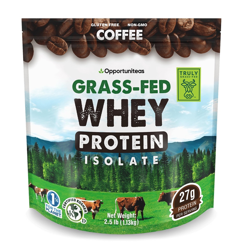 Opportunitas Grass Fed Coffee Whey Protein Isolate Powder - 27g Protein Powder Χωρίς Τεχνητά Γλυκαντικά, Ορμόνες-ελεύθεροι αγελάδες, Μη ΓΤΟ - 2,5lb